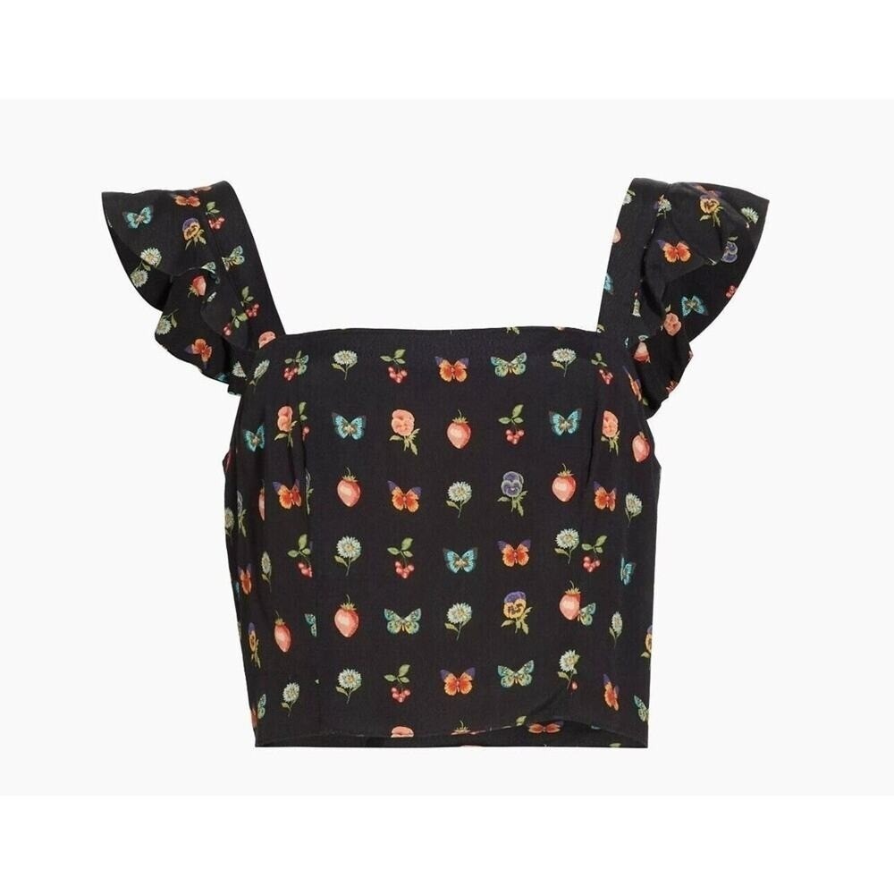 Paige‎ Naya Womens XL Smocked Crop Top Black Floral Butterfly NWT Cottage